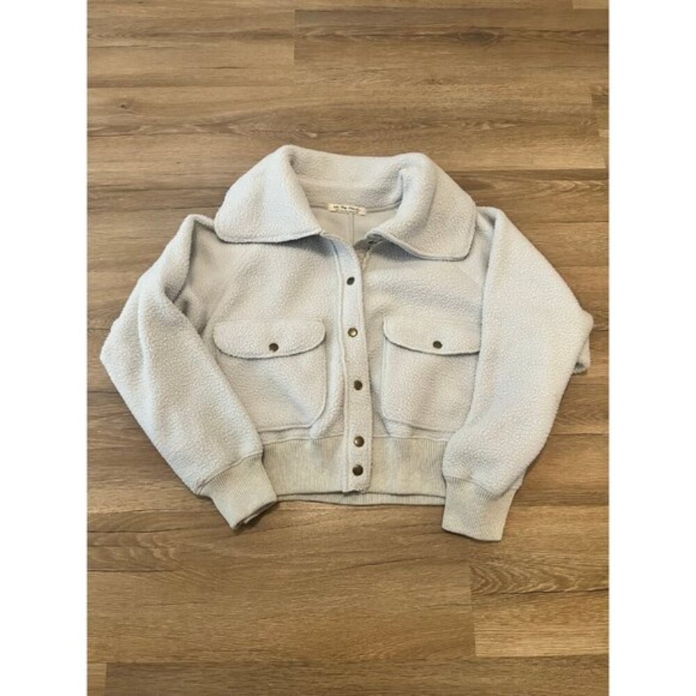 Free People Shasta Snap Up Fleece‎ Bomber  Morning Fog Grey - Size Large